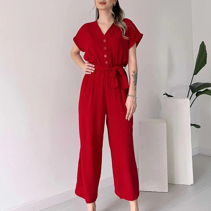 V-ringad kortärmad casual jumpsuit för kvinnor