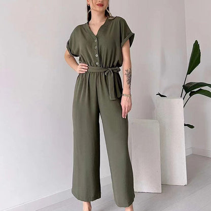 V-ringad kortärmad casual jumpsuit för kvinnor