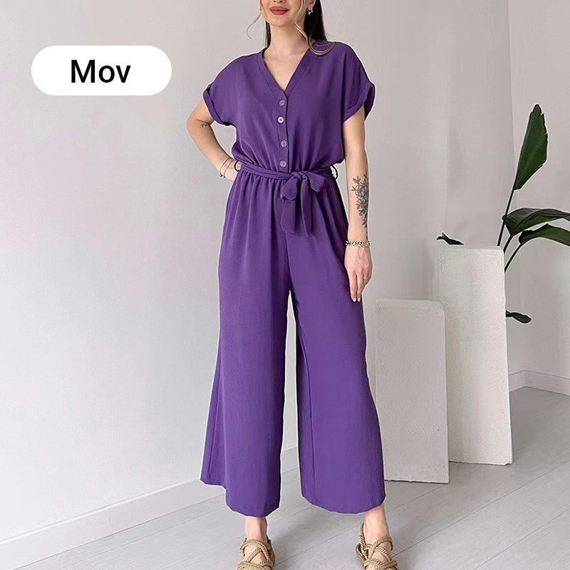 V-ringad kortärmad casual jumpsuit för kvinnor