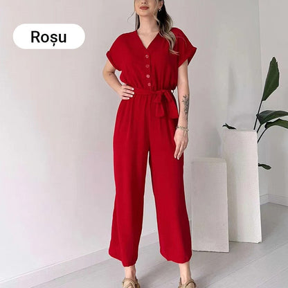 V-ringad kortärmad casual jumpsuit för kvinnor