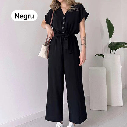 V-ringad kortärmad casual jumpsuit för kvinnor