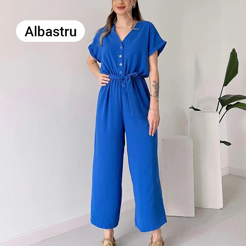 V-ringad kortärmad casual jumpsuit för kvinnor