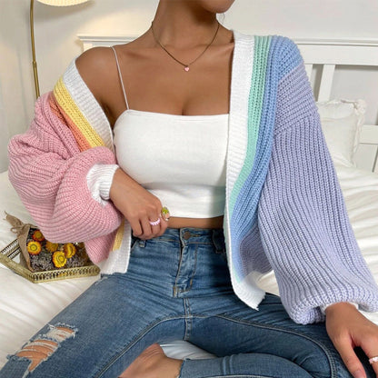 🌈Rea 49% rabatt💕Stickad Oversize Cardigan med Kontrastfärg