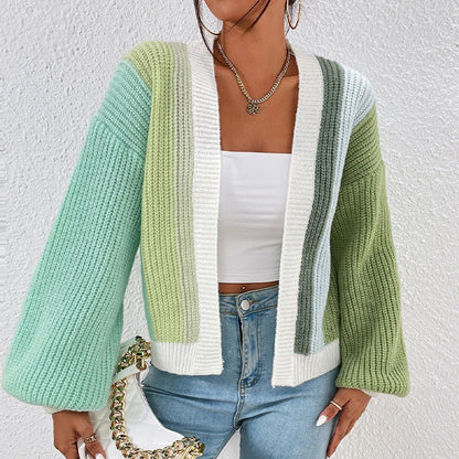 🌈Rea 49% rabatt💕Stickad Oversize Cardigan med Kontrastfärg