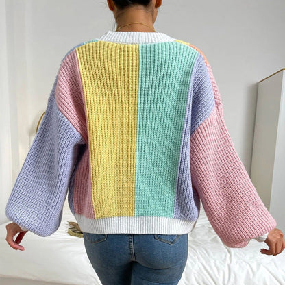 🌈Rea 49% rabatt💕Stickad Oversize Cardigan med Kontrastfärg