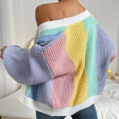 🌈Rea 49% rabatt💕Stickad Oversize Cardigan med Kontrastfärg