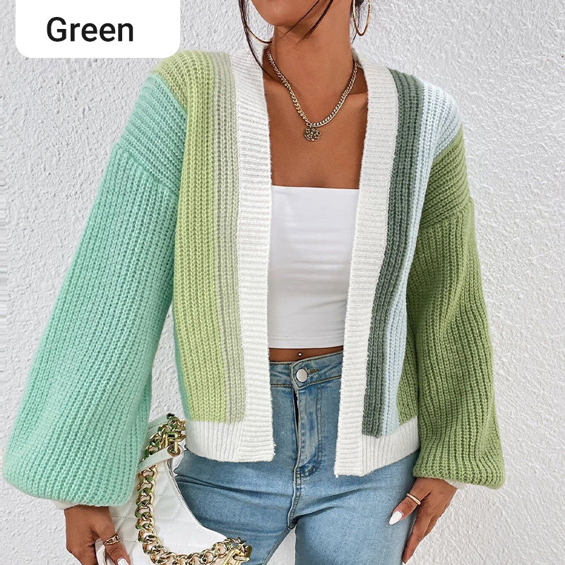 🌈Rea 49% rabatt💕Stickad Oversize Cardigan med Kontrastfärg