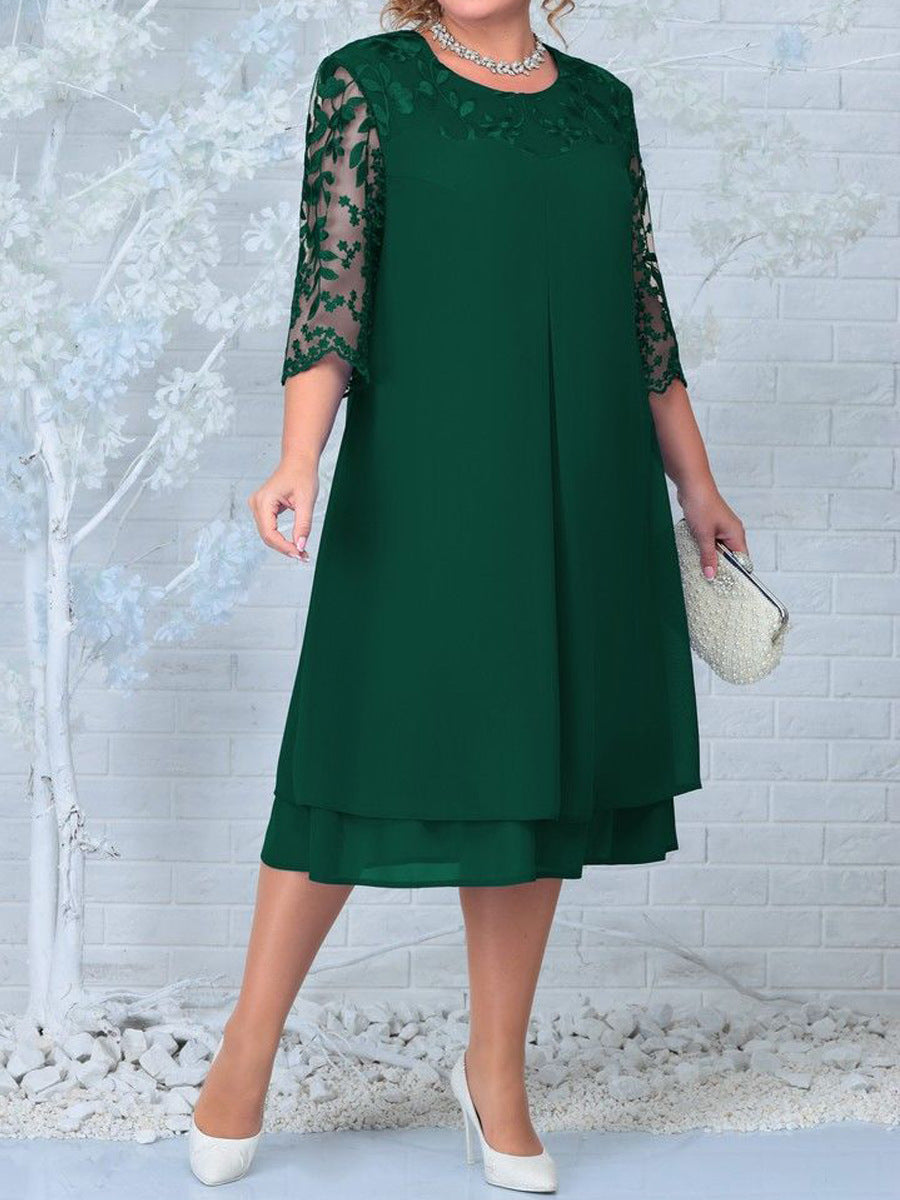 ⏳Women Embroidered Chiffon Splicing Round Neck Dress