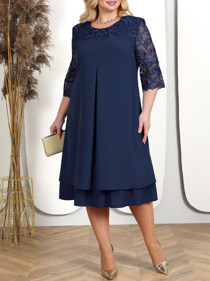 ⏳Women Embroidered Chiffon Splicing Round Neck Dress