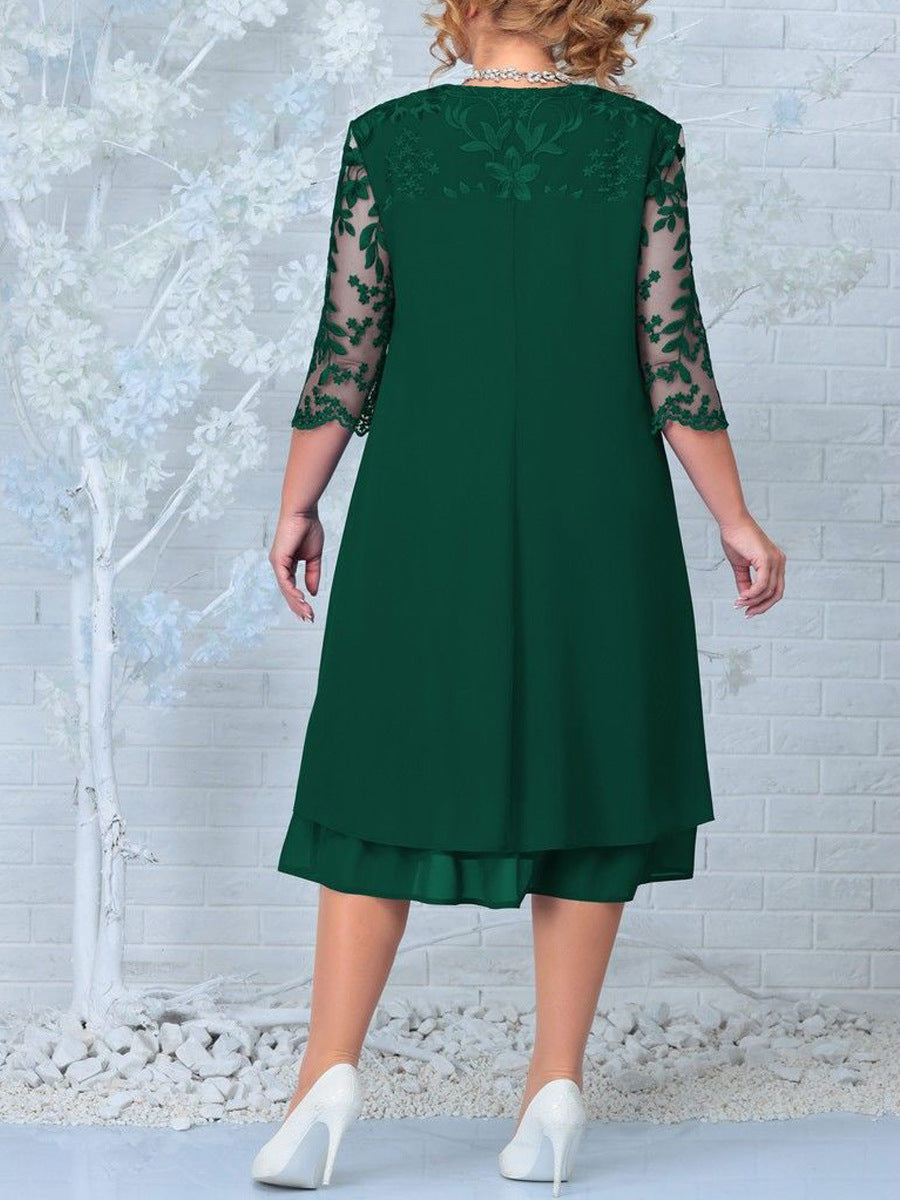⏳Women Embroidered Chiffon Splicing Round Neck Dress