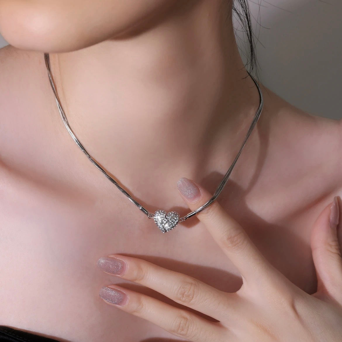 Love Heart With Diamonds Magnetic Necklace