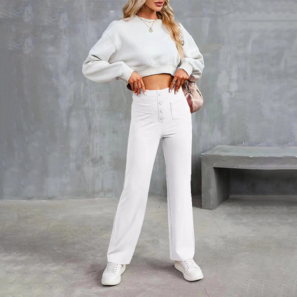 👖✨ Calça feminina cintura alta com perna larga – elegante, confortável e elástica