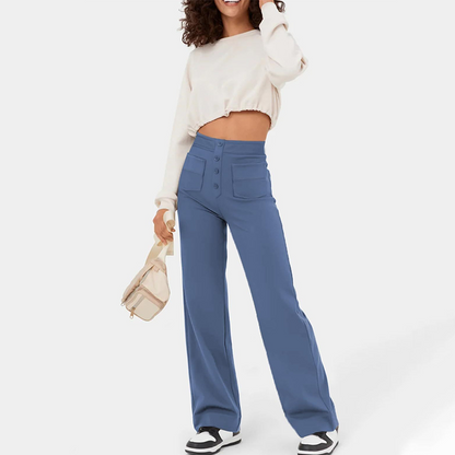 👖✨ Calça feminina cintura alta com perna larga – elegante, confortável e elástica