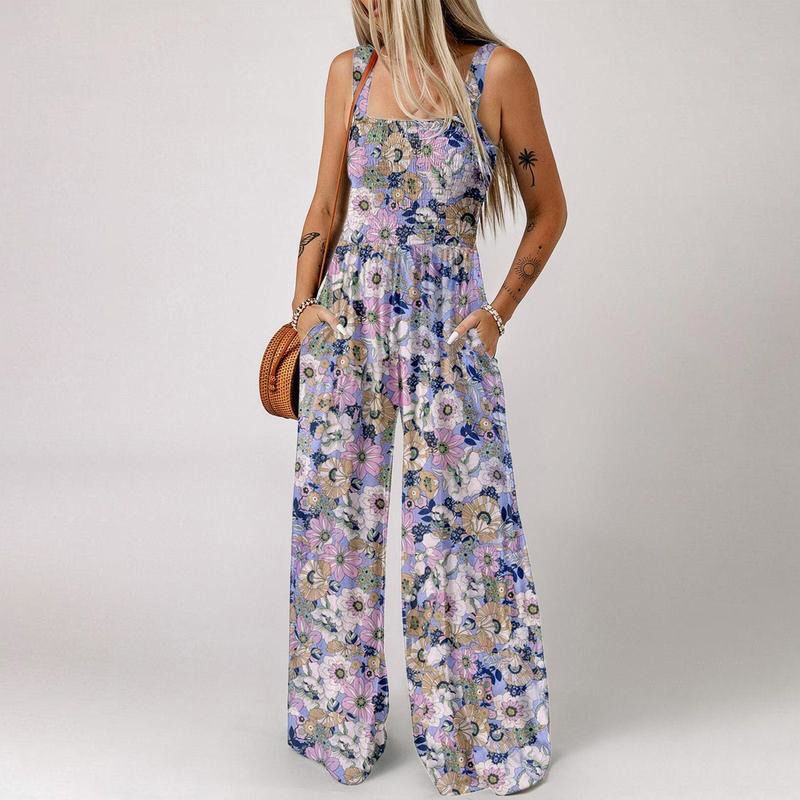 Limited-time offer-Women’s Floral Sleeveless Jumpsuit – Smocked Bust & Wide-Leg Summer Chic 👒🏖️