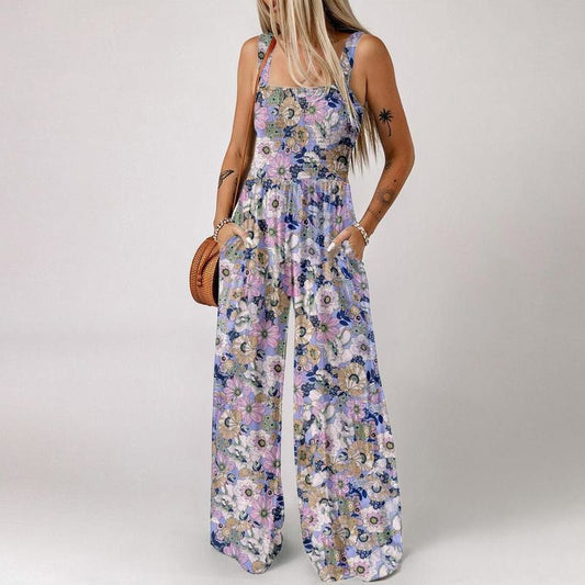 Limited-time offer-Women’s Floral Sleeveless Jumpsuit – Smocked Bust & Wide-Leg Summer Chic 👒🏖️