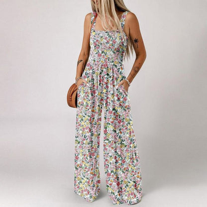Limited-time offer-Women’s Floral Sleeveless Jumpsuit – Smocked Bust & Wide-Leg Summer Chic 👒🏖️