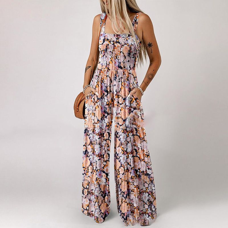 Limited-time offer-Women’s Floral Sleeveless Jumpsuit – Smocked Bust & Wide-Leg Summer Chic 👒🏖️