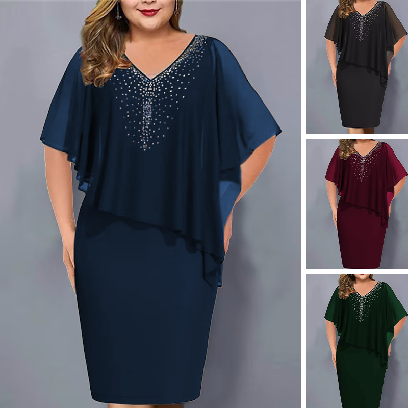🌸Promoções de Verão 2026💐Vestido-capa com decote em V e strass, com sobreposição de chiffon