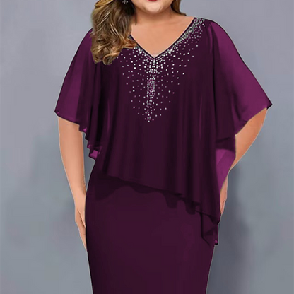 🌸Promoções de Verão 2026💐Vestido-capa com decote em V e strass, com sobreposição de chiffon