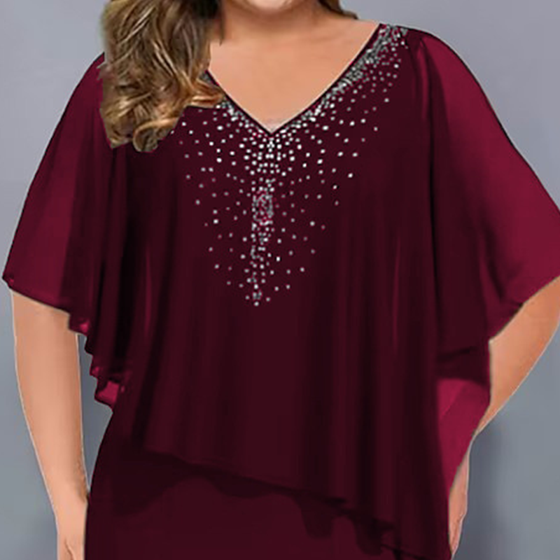 🌸Promoções de Verão 2026💐Vestido-capa com decote em V e strass, com sobreposição de chiffon