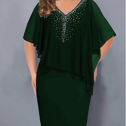 🌸Promoções de Verão 2026💐Vestido-capa com decote em V e strass, com sobreposição de chiffon
