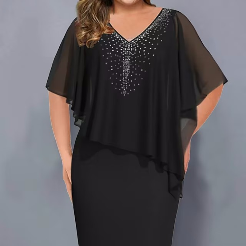 🌸Promoções de Verão 2026💐Vestido-capa com decote em V e strass, com sobreposição de chiffon