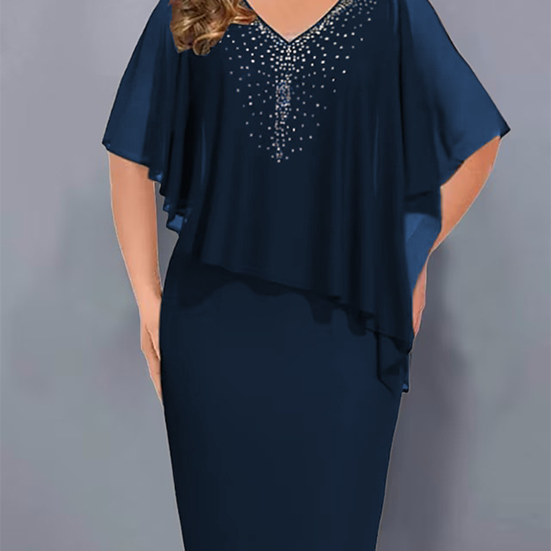 🌸Promoções de Verão 2026💐Vestido-capa com decote em V e strass, com sobreposição de chiffon