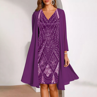 💃 Conjunto de jaqueta longa transparente e vestido com decote em V – Corte que valoriza a silhueta e tecido leve