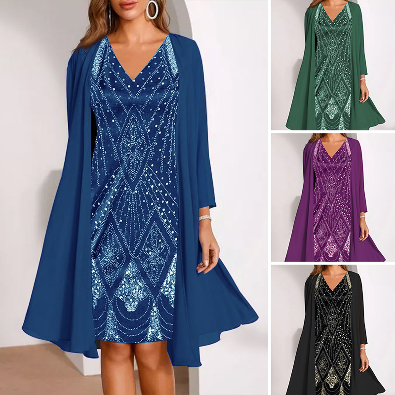 💃 Conjunto de jaqueta longa transparente e vestido com decote em V – Corte que valoriza a silhueta e tecido leve