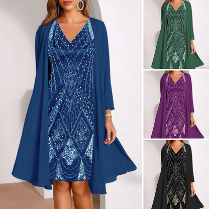 💃 Conjunto de jaqueta longa transparente e vestido com decote em V – Corte que valoriza a silhueta e tecido leve