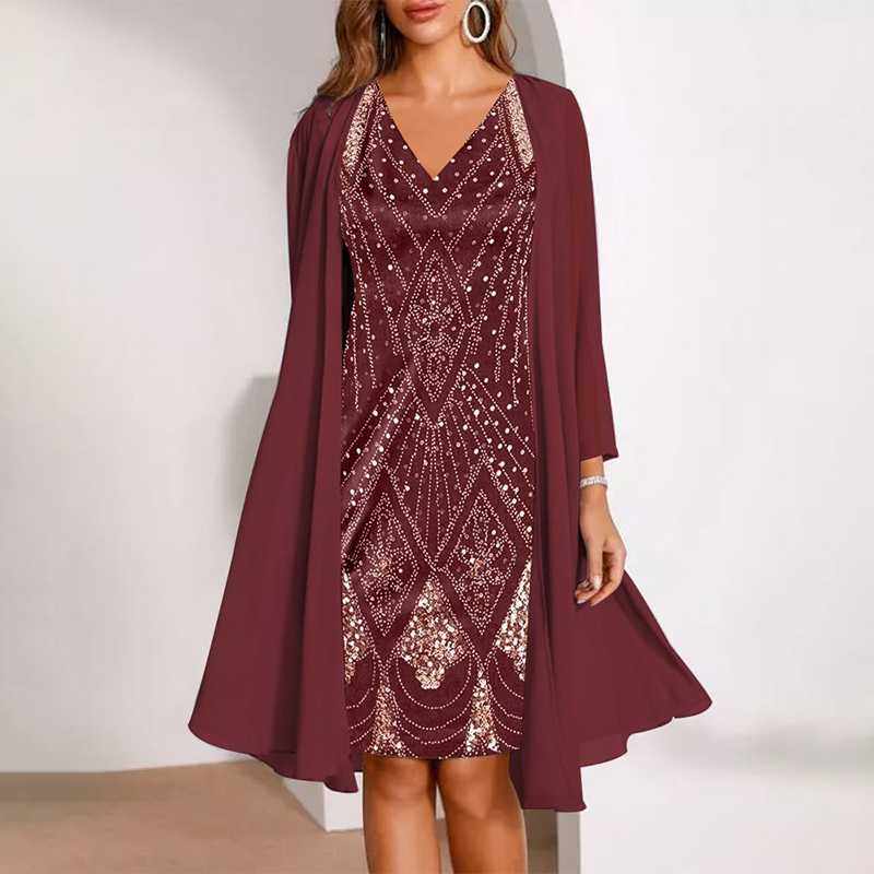 💃 Conjunto de jaqueta longa transparente e vestido com decote em V – Corte que valoriza a silhueta e tecido leve
