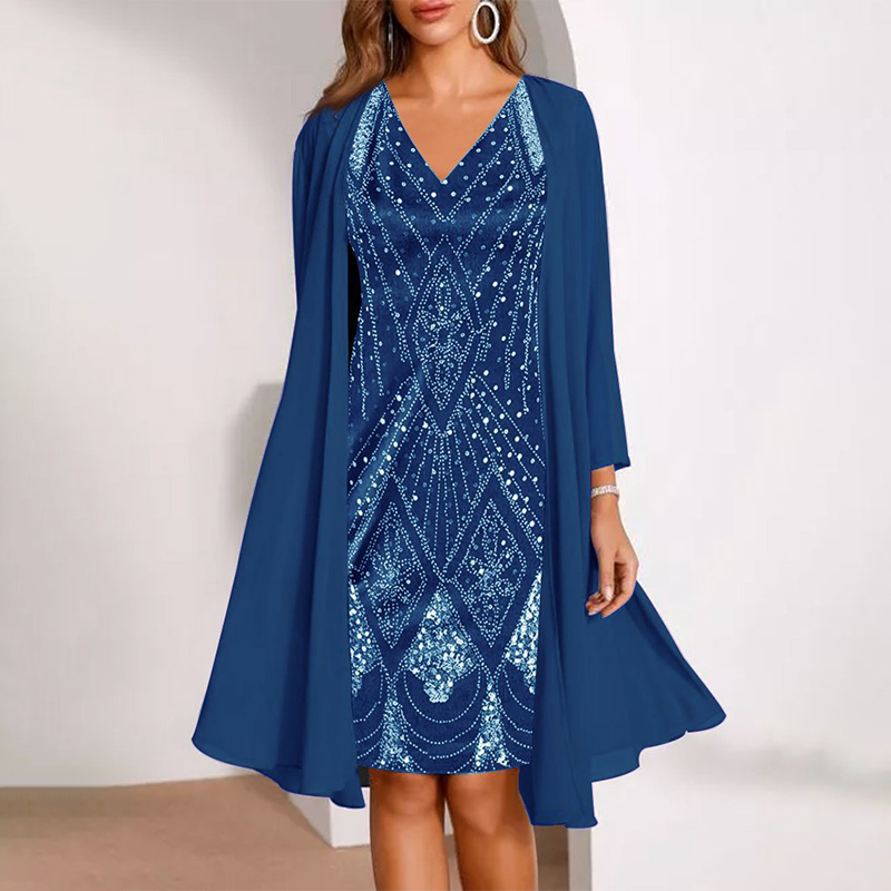 💃 Conjunto de jaqueta longa transparente e vestido com decote em V – Corte que valoriza a silhueta e tecido leve