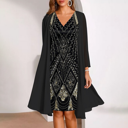 💃 Conjunto de jaqueta longa transparente e vestido com decote em V – Corte que valoriza a silhueta e tecido leve