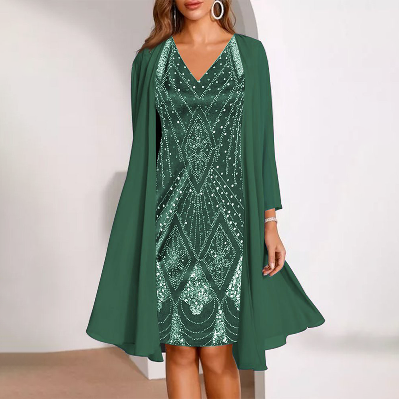 💃 Conjunto de jaqueta longa transparente e vestido com decote em V – Corte que valoriza a silhueta e tecido leve