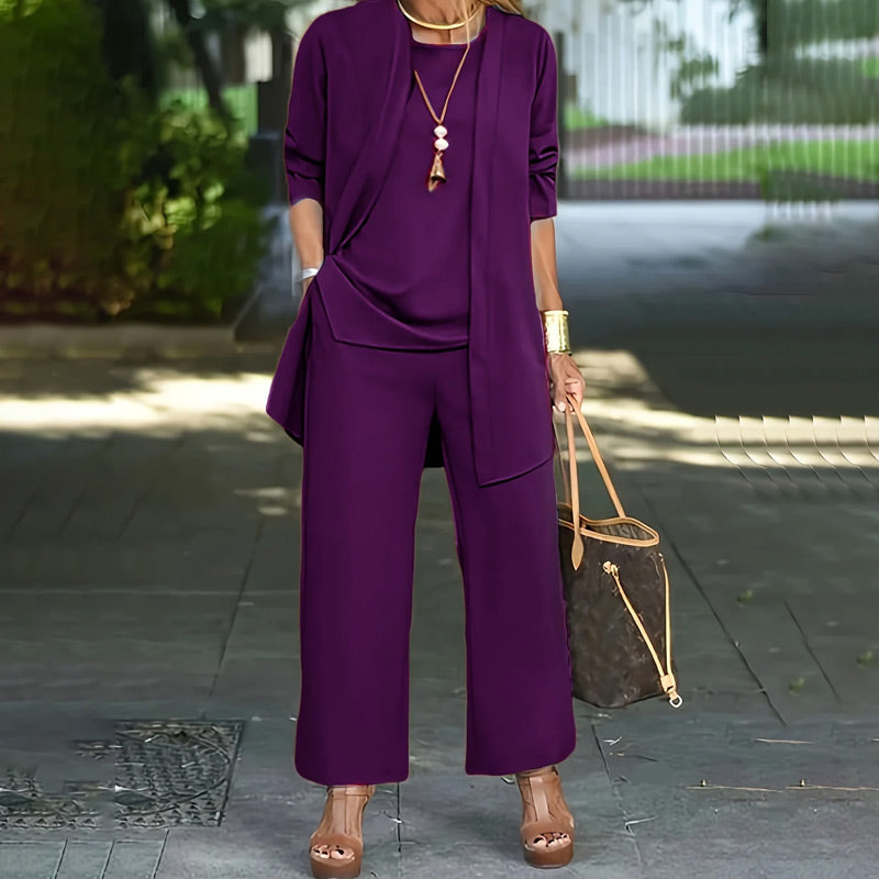 ⏰🔥LIMITED TIME 50% OFF! 💃 Elegant Women’s Relaxed Fit 3-Piece Set – Minimalist Wide-Leg Pants, Cardigan & Top in Luxe Stretch Fabric 🌟👚