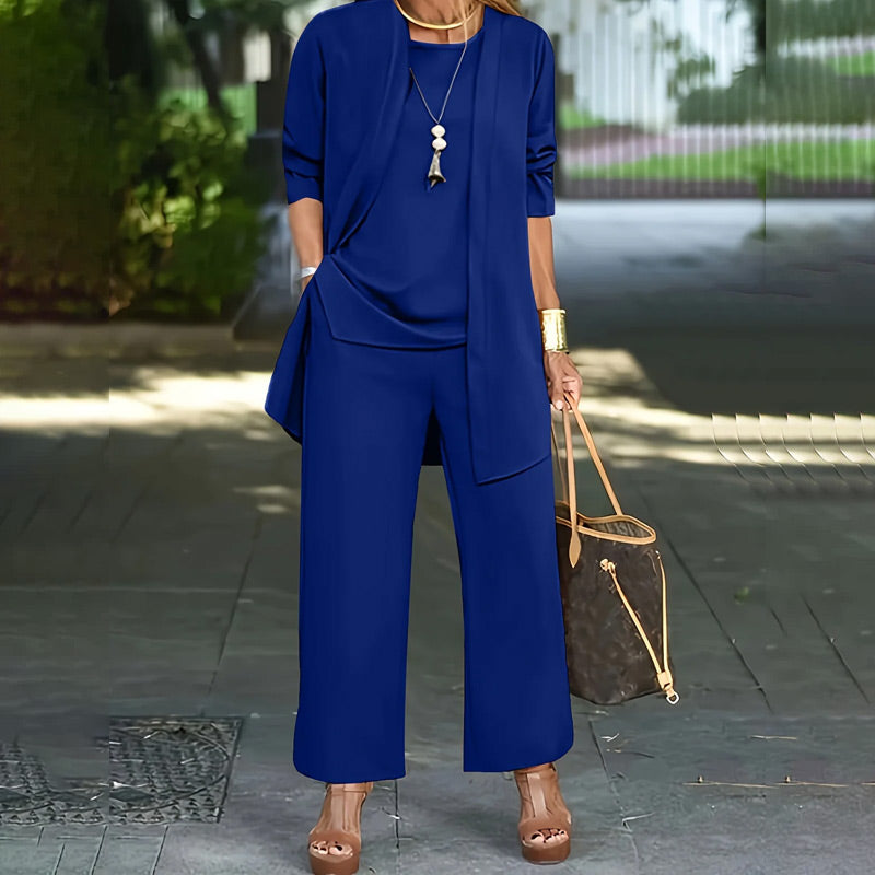 ⏰🔥LIMITED TIME 50% OFF! 💃 Elegant Women’s Relaxed Fit 3-Piece Set – Minimalist Wide-Leg Pants, Cardigan & Top in Luxe Stretch Fabric 🌟👚