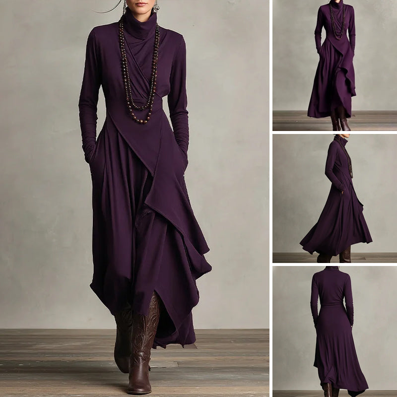 🎉Women's Elegant High-Neck Asymmetrical Draped Maxi Dress
