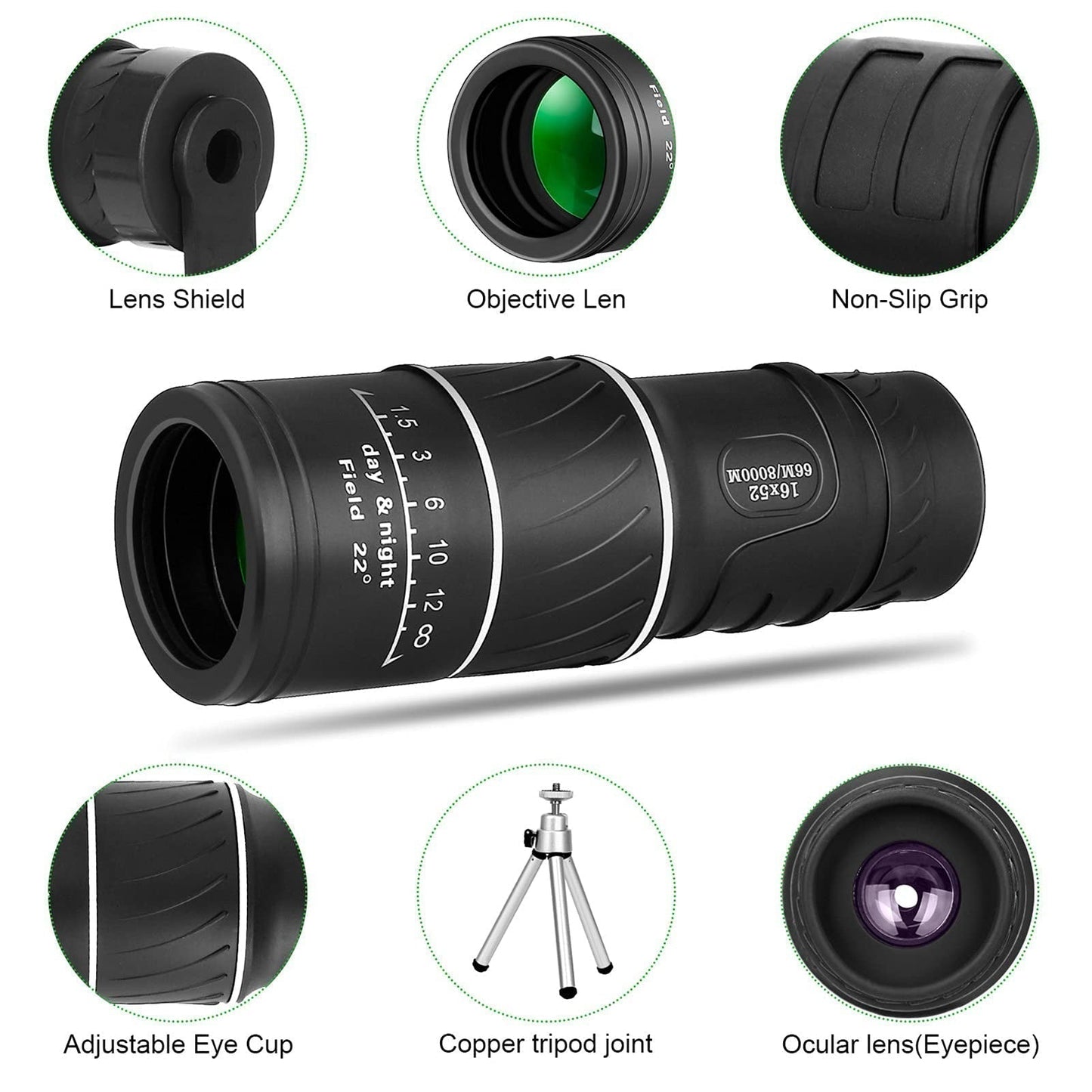Monocular Profissional 16X52: Telescópio de Alta Potência, Alta Definição e Visão Noturna em Baixa Luz
