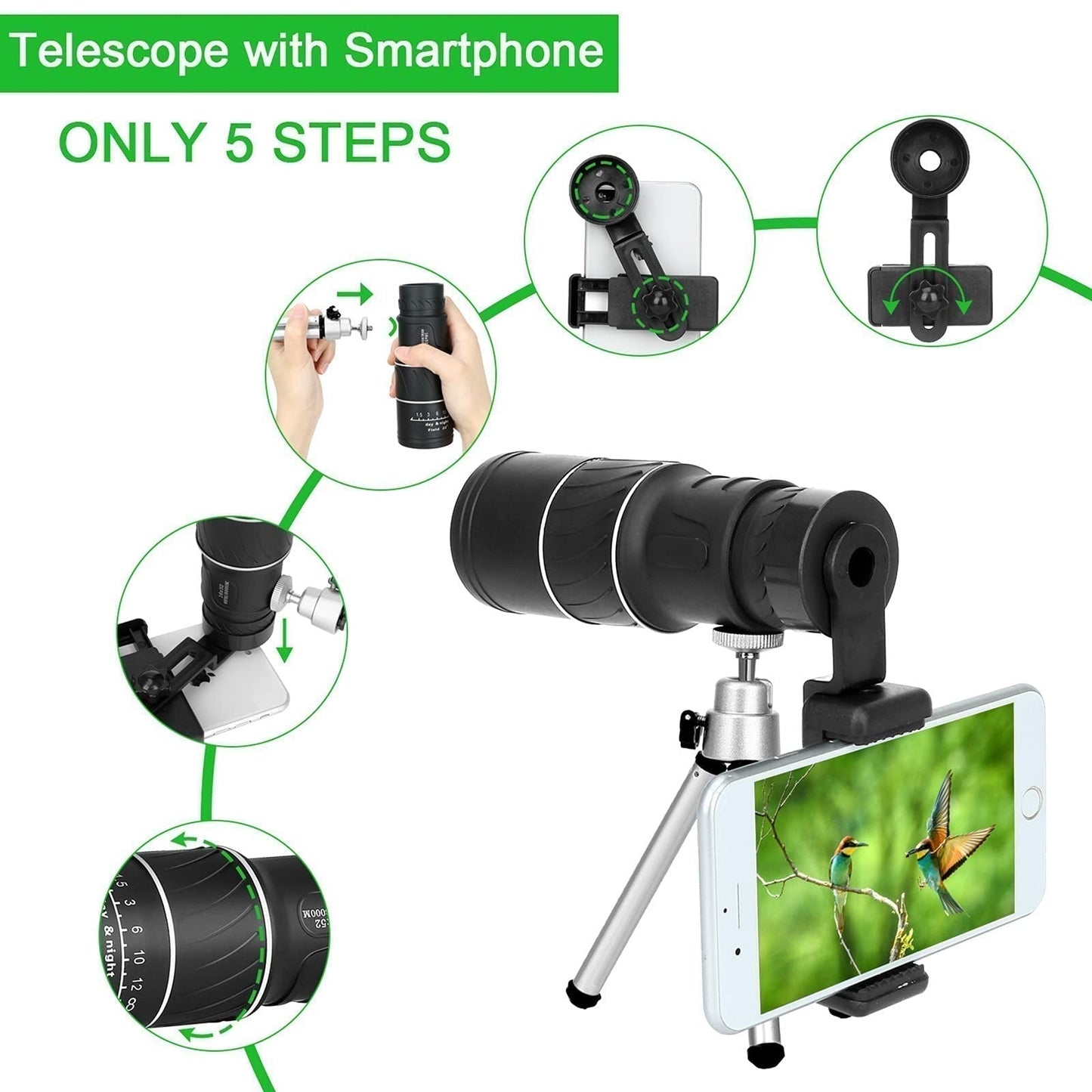 Monocular Profissional 16X52: Telescópio de Alta Potência, Alta Definição e Visão Noturna em Baixa Luz