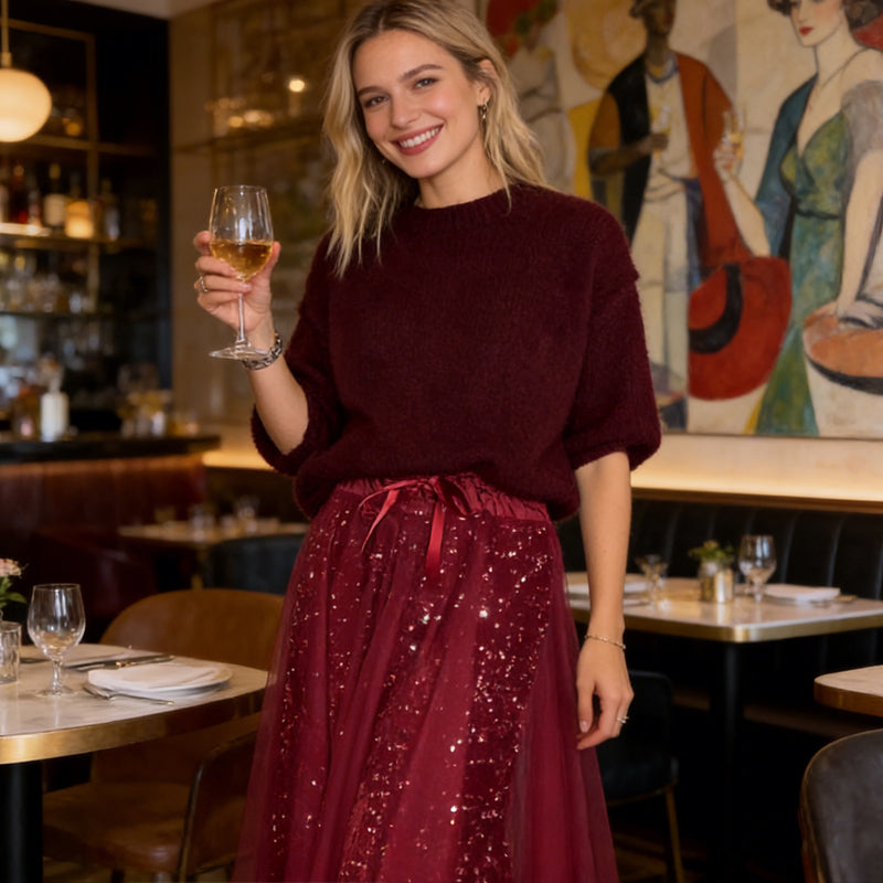 🎁Novidades de 2026 com 70% de desconto💥Conjunto feminino com blusa brilhante e saia de tule — Conjunto de duas peças deslumbrante e elegante✨