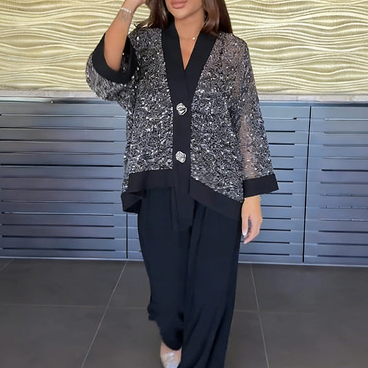 Conjunto de 2 piezas para mujer con cárdigan con cuello en V y lentejuelas y pantalones anchos