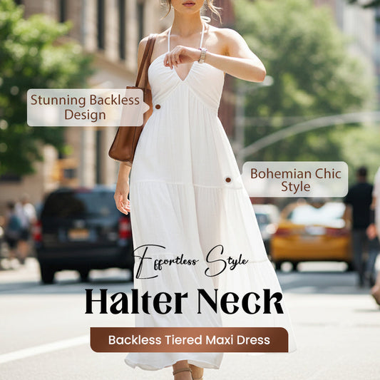 💃New Arrival Special Price:￡15.99!!✨30K+ SOLD🌸Halter Neck Backless Tiered Maxi Dress
