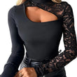 🔥Hot Sale Offers-Women's Asymmetrical Cutout Lace Sleeve Top – Slim Fit, Mock Neck & Romantic Keyhole Back Detail 👗🖤