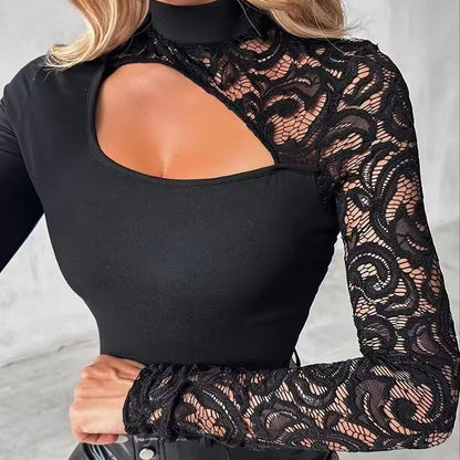 🔥Hot Sale Offers-Women's Asymmetrical Cutout Lace Sleeve Top – Slim Fit, Mock Neck & Romantic Keyhole Back Detail 👗🖤