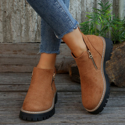 Women's Round-Toe Ankle Boots with Side Zipper