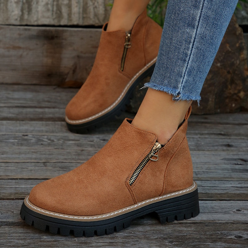 Women's Round-Toe Ankle Boots with Side Zipper