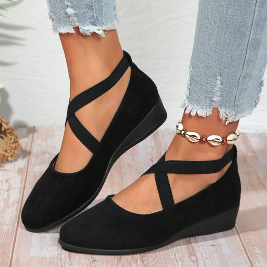 Elegant Solid Color Elastic Strap Low Wedge Shoes