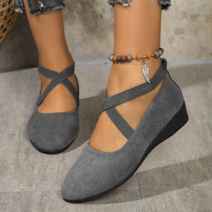 Elegant Solid Color Elastic Strap Low Wedge Shoes