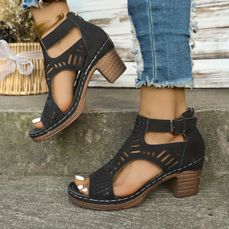 Versatile Hollow Out Mid Heel Open Toe Sandals