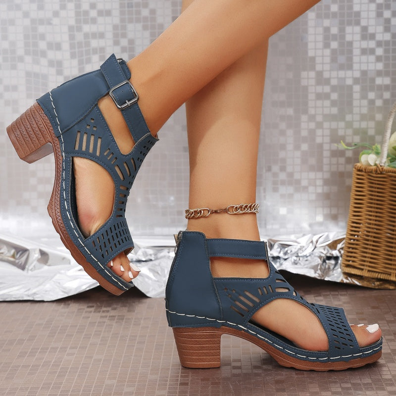Versatile Hollow Out Mid Heel Open Toe Sandals